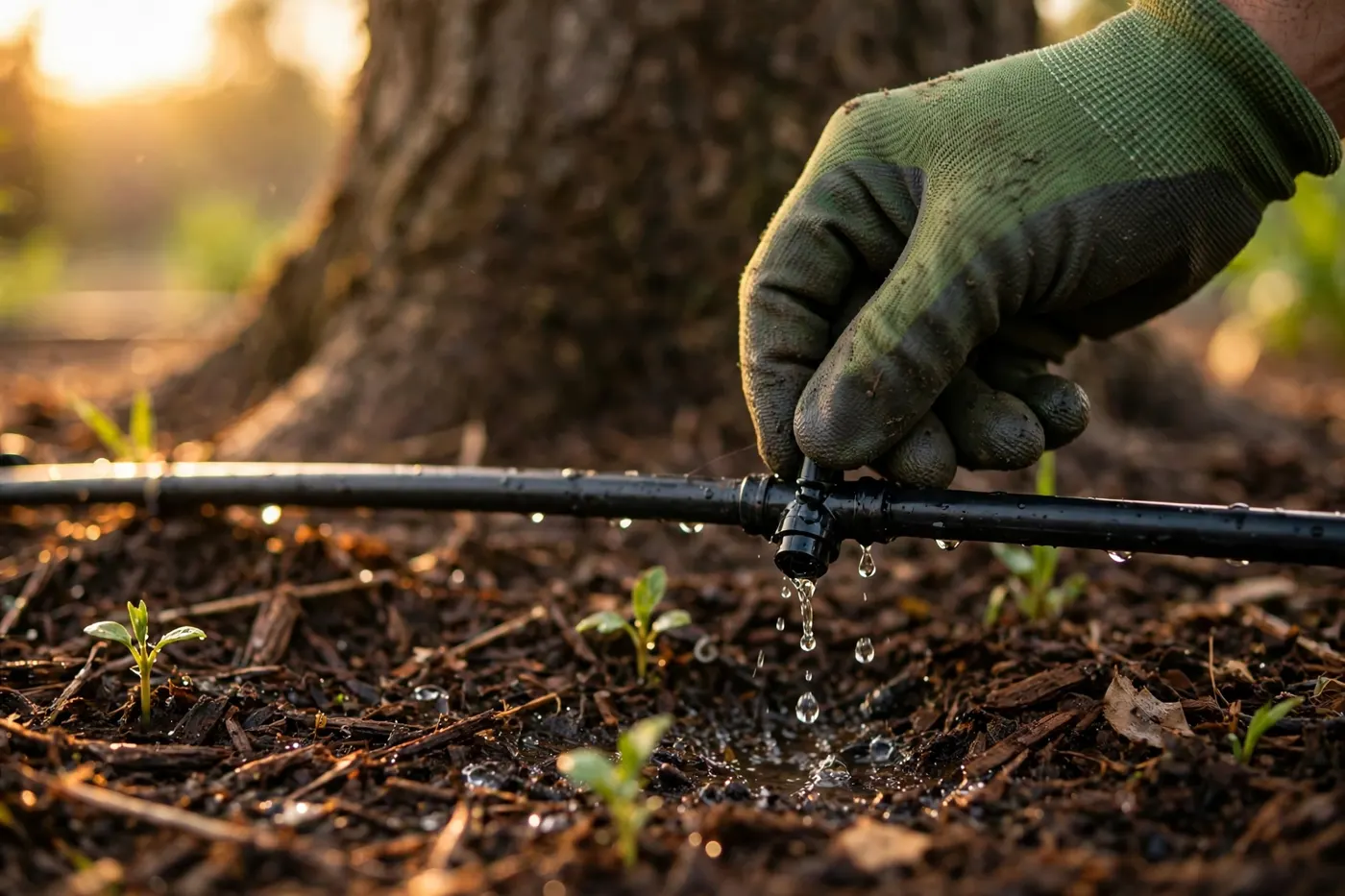 Drip irrigation watering a planted bed at the base of a large tree